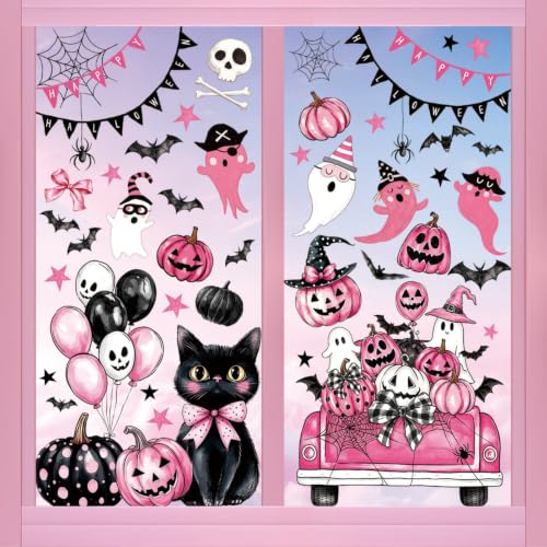 Halloween Window Clings - 73PCS Pink Ghost Pumpkin Bat Reusable Stickers - Halloween-C