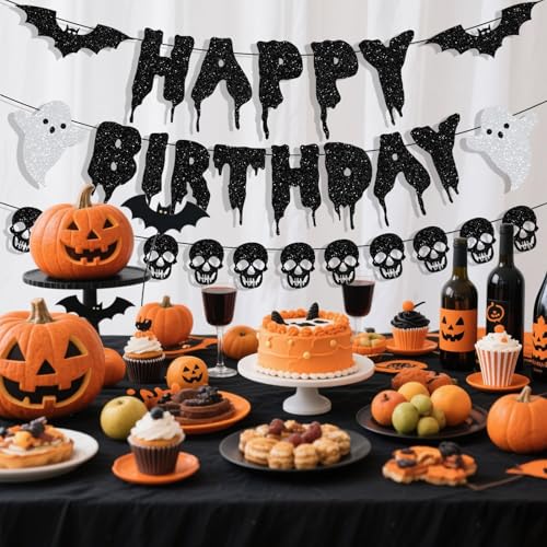 Halloween Birthday Banner Set - Glitter Paper Garland with Bats Skulls Ghosts