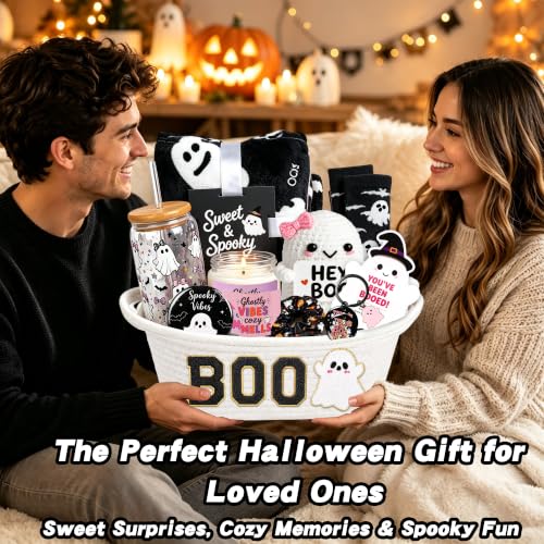 Black Halloween Gift Basket Set for Women - Cozy Ghost & Spooky Treats