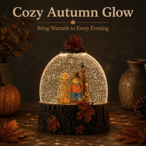 Light Up Fall Snow Globe for Tables - Thanksgiving Harvest Autumn Decoration - Brown & Orange