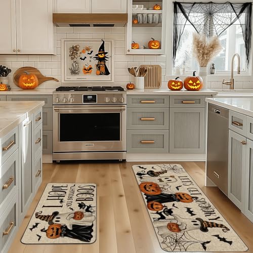 Halloween Black Cat Kitchen Mat Set - 2-Pack Non-Slip Decor Rugs, 17x29 & 17x47