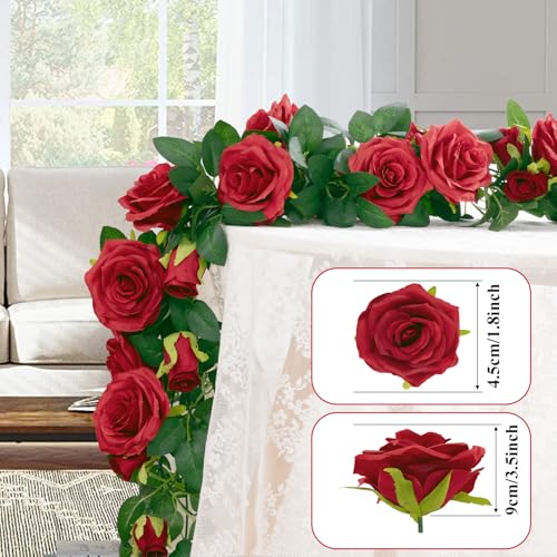 Artificial Red Rose Garlands Set of 5 - 32.5 ft, Realistic Flower Vines for Decor