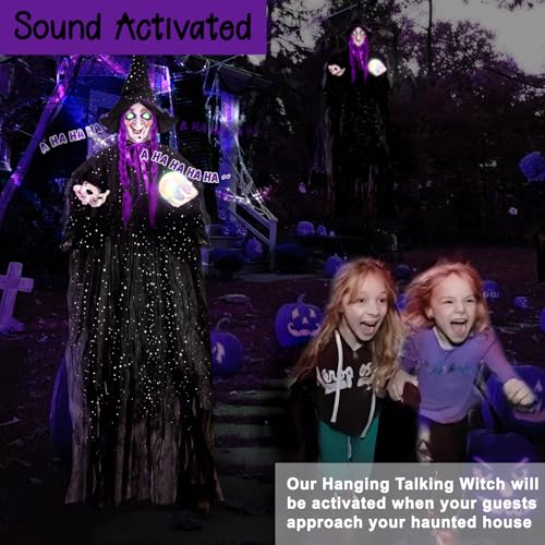 71-Inch Hanging Talking Animatronic Witch with Sound Activation and Glowing Eyes