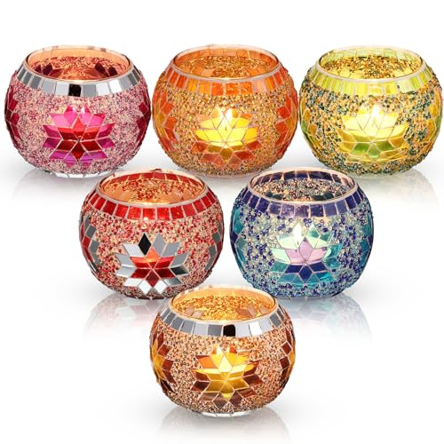 Diwali Candle Holders Set - Floral Mosaic Glass Tea Light Decor, 6 Pieces