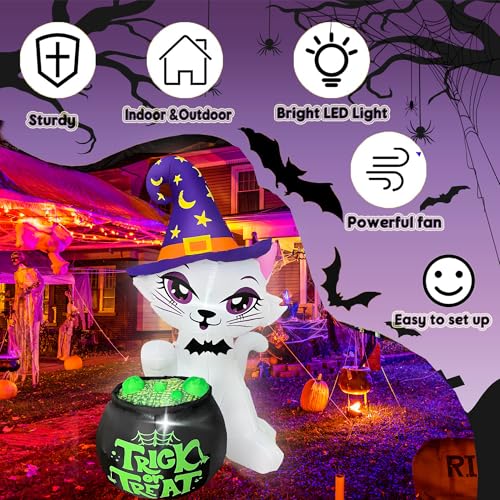 5FT Halloween Inflatable Cat with Witch Cauldron Yard Decor with LED Lights