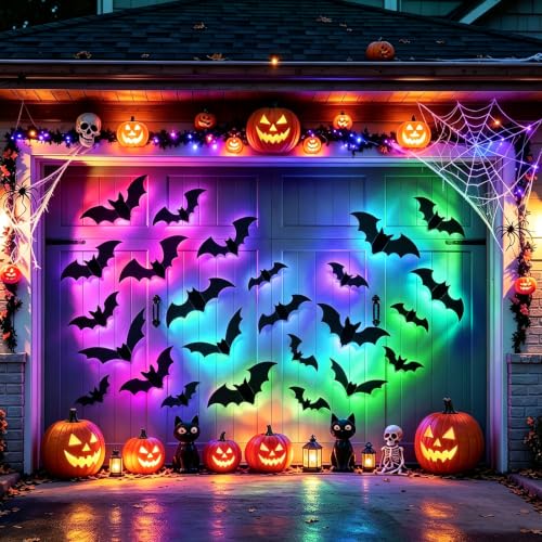 Multicolor 40 Pcs Light Up Bat Wall Decor - 3D Halloween Lighted Bat Stickers