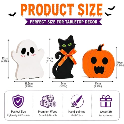 3-Piece Indoor Halloween Tabletop Decor Set - Cute Ghost, Pumpkin & Black Cat Signs