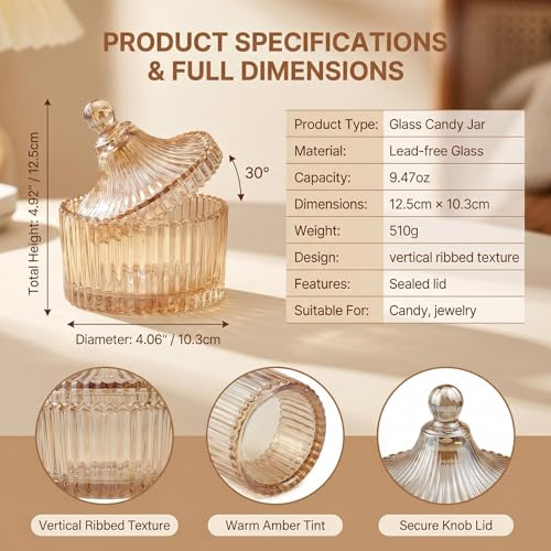 Crystal Glass Candy Dish with Lid - Amber 220ML / 7.4OZ Decorative Jar