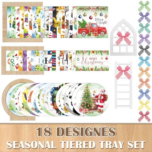 Interchangeable Tiered Tray Decor Set with 95 Seasonal Pieces - Farmhouse Home Decor