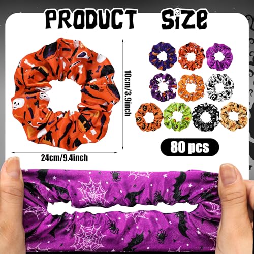 Halloween Satin Hair Scrunchies Set - Pumpkin Skull Black Cat Hair Ties, 80 pcs, Variations Include Pumpkin