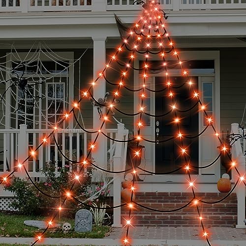Halloween Spider Web Lights Outdoor 16.4FT Giant Cobweb Decor with Orange LEDs - Black Web Variation