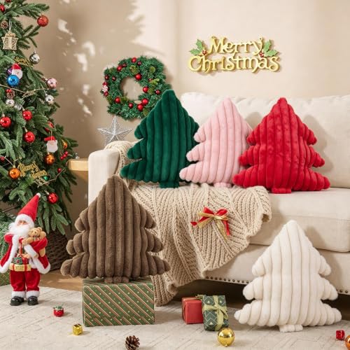 Christmas Tree Pillows Set of 2 - Beige Wide Stripes Xmas Decor 16x18 Inch