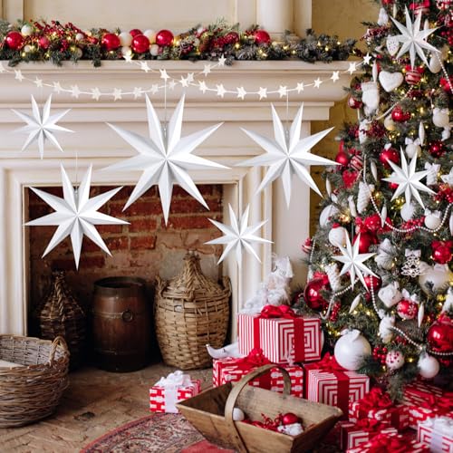 White 12 Pack 9-Pointed Large 3D Paper Star Lanterns with Star Garland for Party & Home Decor