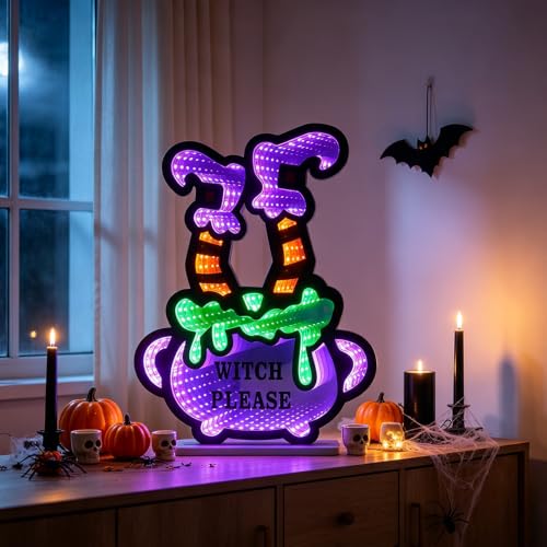 Halloween Witch Legs Infinity Mirror Tunnel Light with Poison Cauldron - Purple