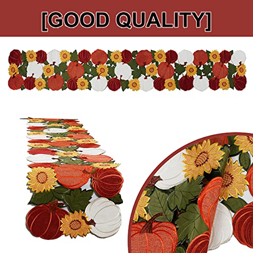 OWENIE Fall Thanksgiving Table Runner 13x90 Inch Embroidered Pumpkins Leaves Sunflowers - Autumn Home Decor