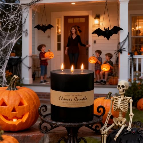 Black 3-Wick Large Pillar Candle 6x6 Inch for Halloween Home Decor - UNICY
