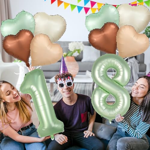 Sage Green 18th Birthday Balloons Set - Foil Number 18 & Heart Decorations