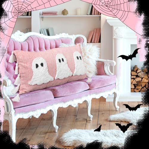 Halloween Ghost Lumbar Throw Pillow with Tassels - Pink, 14x26 Inches