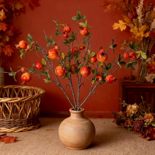 31.5in Faux Pomegranate Flower Stems - 4 Pieces Red Berry Decor for Vase & Holiday Arrangements
