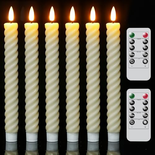 Ivory Waxy Flameless Taper Candles with Remote Timer - Set of 6