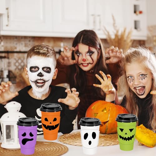 Halloween Coffee Cups 16oz with Lids & Sleeves - Ghost Design, 48 Sets