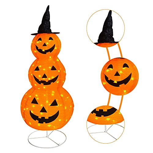 5FT Collapsible Halloween Pumpkin Decoration with Pre-Lit Lights and Metal Stand