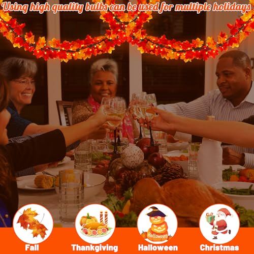 2-Pack 18FT Plug-In Fall Garland with Lights for Thanksgiving & Halloween Decor - Orange Leaves