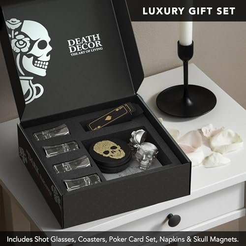 Skull Gothic Shot Glass Gift Set - 4 Dark Themed Glasses Coasters & Cards