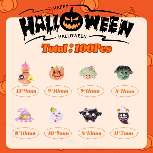 Halloween Nail Art Charms Set - 100 Assorted 3D Pumpkin Ghost Bats Resin Decorations