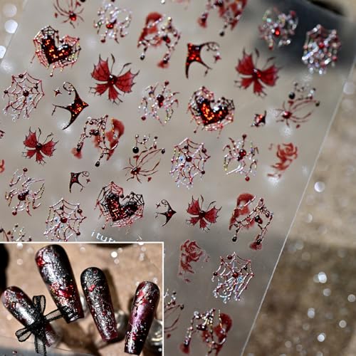 Halloween Glitter Nail Stickers with Spider Web and Heart Design - Style 17