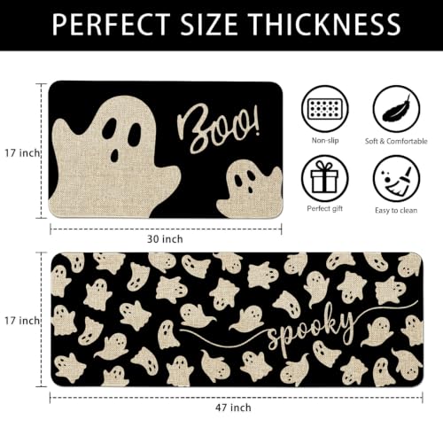 Halloween Kitchen Mat Set of 2 - Ghost Boo Black Halloween Rugs with Variation