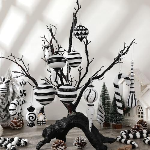 Black and White Christmas Ornaments Set of 48 Holiday Decor with Hand Painted Designs