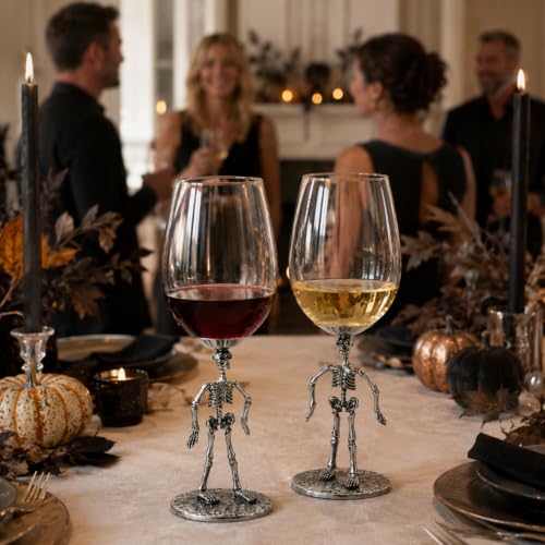 Skeleton Stemmed Wine Glasses Set of 2 - Spooky Gothic Goblets, 10 Inches Tall
