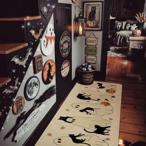 Ghost Black Cat Halloween Kitchen Rugs Set of 2 - Spooky Season Non-Skid Washable Mats