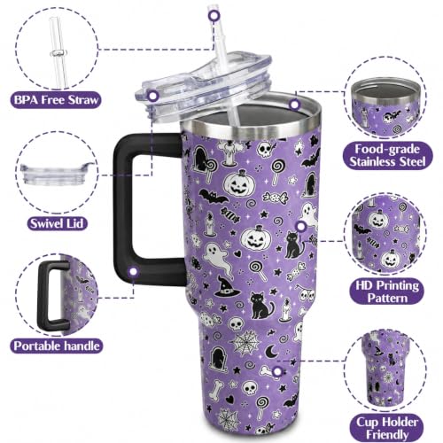 Purple Halloween Tumbler 40 oz Insulated Goth Drinkware with Handle & Straw