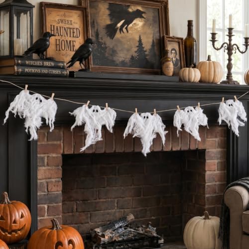 Halloween Ghost Garland - 6Ft Rustic Halloween Decor for Mantel, Wall, Fireplace | Variation: Ghost Garland