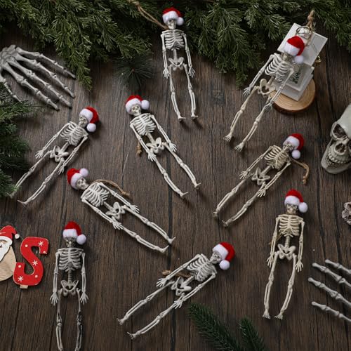 Christmas Skeleton Ornaments with Santa Hat - 12 Pack, 7.3 Inch Mini Decor