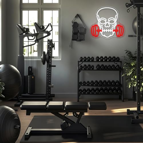 Dumbbell Skull Neon Sign for Gym & Halloween Wall Decor - Red & White