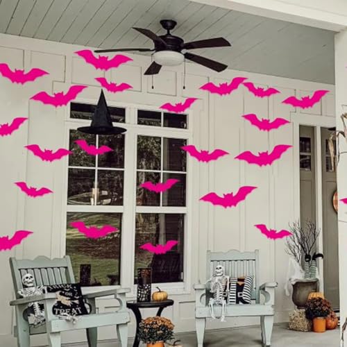 Pink & Black 3D Bat Wall Decor - 48pcs Halloween Wall Stickers - Style 4