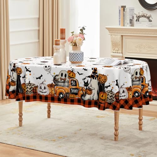 Halloween Oval Tablecloth 60 x 84 Inches Buffalo Plaid Pumpkin Orange