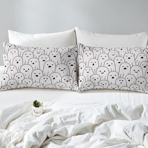 Ghost Bedding Set Full Size - Gray Ghost Comforter Cover with Pillowcases, Halloween Theme, Breathable Microfiber