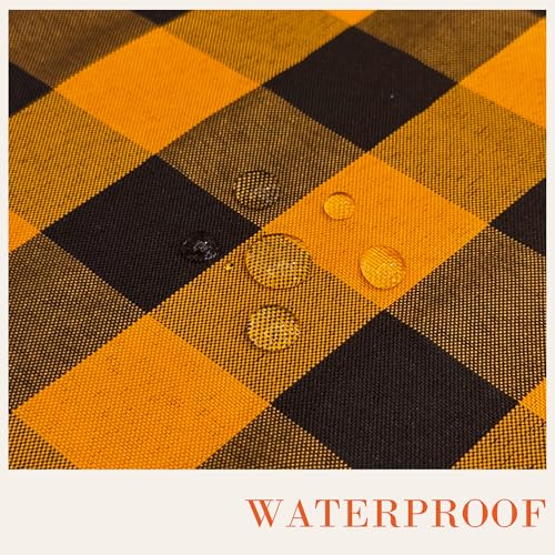 Waterproof Gingham Tablecloth - Black & Orange Checkered Fabric, 102" x 60" Rectangular for Indoor Outdoor Dining