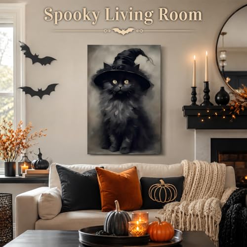 Halloween Black Cat Wall Art Canvas - Framed Gothic Decor - 12x18 Inches - Witch Kitten Design