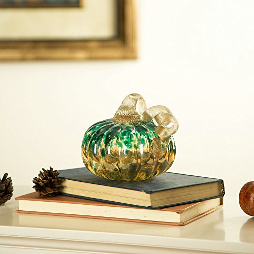 Hand Blown Glass Pumpkin Decor - 4.13 Inch Blue and Gold Glitter Fall Accent - Handmade Thanksgiving Table Centerpiece