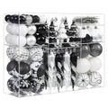 Black, White & Silver Holiday Ornaments Set - 124 Pcs Christmas Tree Decorations - Snowflake, Icicle, Baubles, House & Star Shapes - Variation: Black & White