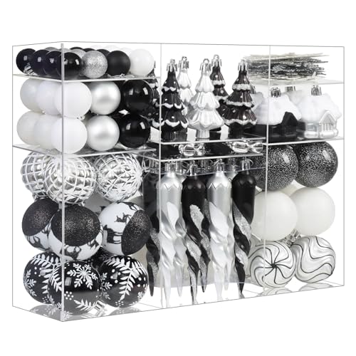 Black, White & Silver Holiday Ornaments Set - 124 Pcs Christmas Tree Decorations - Snowflake, Icicle, Baubles, House & Star Shapes - Variation: Black & White