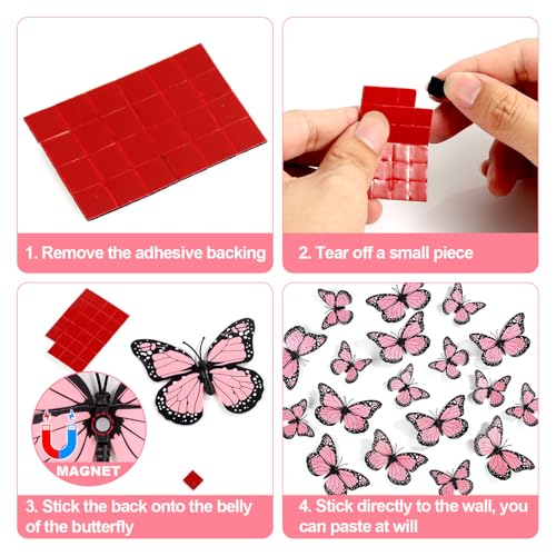 24Pcs Butterfly Magnets for Wall Refrigerator Craft Decor - Pink