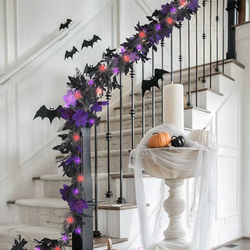 Halloween Maple Leaf Garland with Purple Orange LED Lights 5.9 ft - Fall Decorations