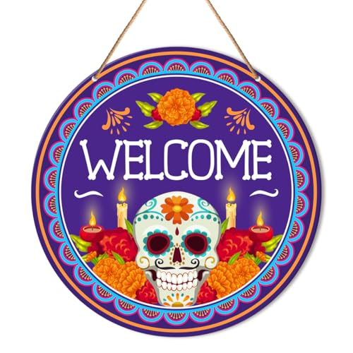 Day of The Dead Welcome Sign Decor - Mexican Sugar Skull Hanging Sign for Home & Front Door