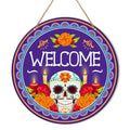 Day of The Dead Welcome Sign Decor - Mexican Sugar Skull Hanging Sign for Home & Front Door